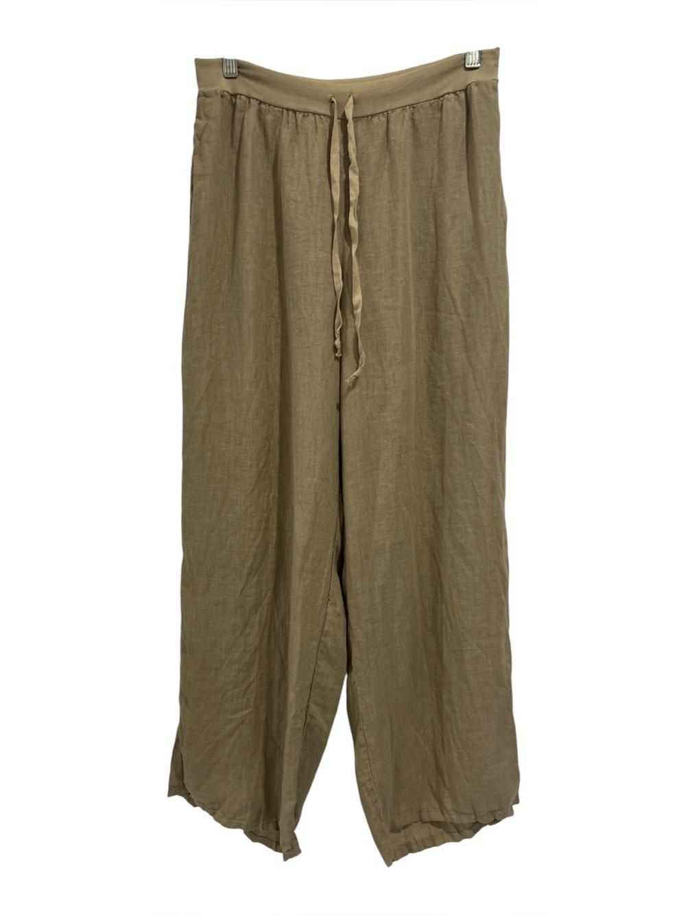 NWOT Flax Linen Straight Leg Elastic Waist Ankle Pants with Pockets in Tan - S